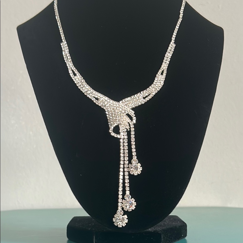Floral Art Deco Bridal Wedding Prom Formal Drop Rhinestone and Silver Necklace